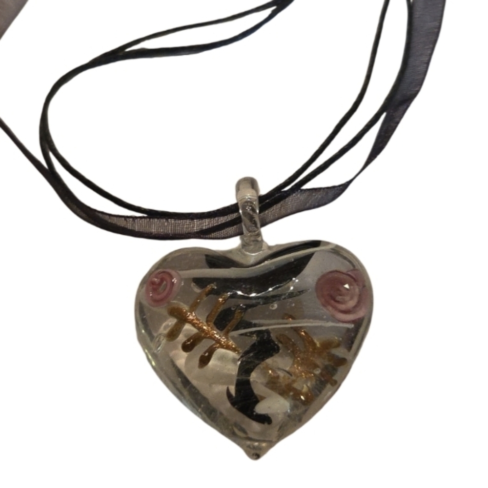 Puffy Heart-Shaped Glass Pendant Necklace On Organza Cord